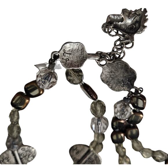 Smoky Bronze Clear Glass Double Strand Beaded Choker Necklace Silver Charms - Picture 4 of 7